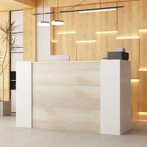 MOUMON Reception Desk Front Counter with Lockers, Adjustable Shelves - Oak/White (70.9”W x 23.6”D x 43.3”H)