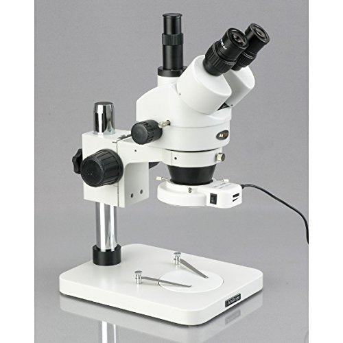 AmScope SM-1TSZZ-144S-10M Digital Professional Trinocular Stereo Zoom Microscope, WH10x and WH20x Eyepieces, 3.5X-180X Magnification, 0.7X-4.5X Zoom Objective, 144-Bulb LED Ring Light, Pillar Stand, 110V-240V, Includes 0.5X and 2.0X Barlow Lenses and 10MP