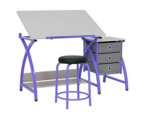 Offex The Comet Center Plus Adjustable Top Craft Table with 24" Pencil Ledge, 3 Drawers and Matching Padded Stool - Purple/Spatter Gray