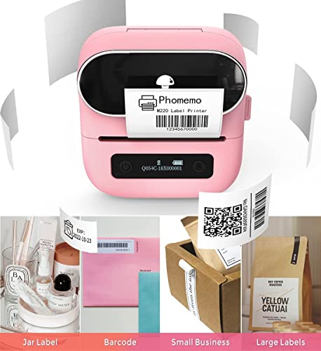 Phomemo M220 Pink Label Printer with Label Tape, Bluetooth Barcode Printer New Version with 1 Roll 40 x 30mm Tape and 3 Rolls 60 x 40mm Label Tapes for Barcode,Small Business and More