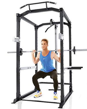 Power Squat Rack Power Cage with LAT Pulldown Attachments Power Squat Rack Adjustable Barbell Strength Training Smith Machine for Home Gym