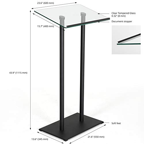 M&T Displays Tempered Clear Glass Conference Podium Stand - Black Aluminum - 43.9" Height - Floor Standing Lectern