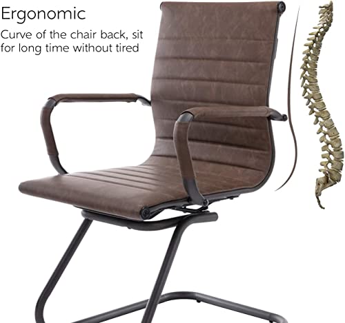 Guyou Office Reception Guest Chairs Set of 6 Mid Back PU Leather Metal Leg Sled Base Chairs with Arms - Matte Brown, 6 PCS