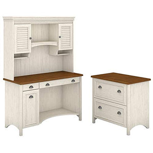 Bush Furniture Stanford Computer Desk with Hutch and 2 Drawer Lateral File Cabinet in Antique White