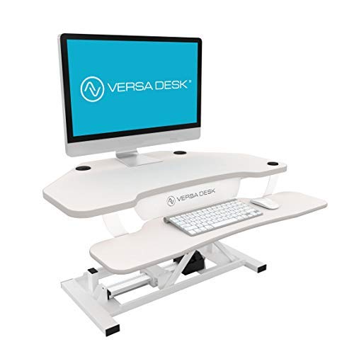 VersaDesk Power Pro Corner - 36" Electric Height-Adjustable Standing Desk - Sit to Stand Desktop with Keyboard and Mouse Tray - All White