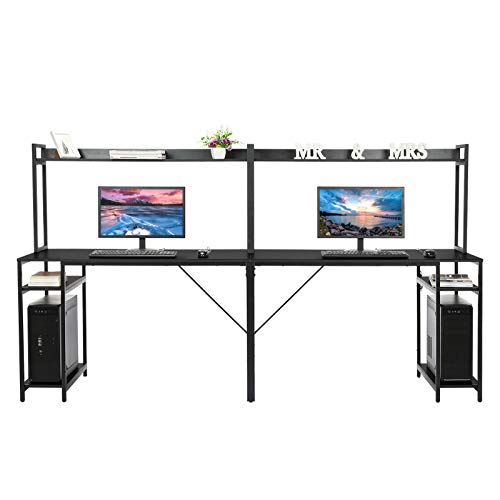Computer Desk with Hutch Storage Shelves,pollyhb 94.5 in Extra Long Two Person Desk with Storage Shelves, Double Workstation Desk for Home Office, Black