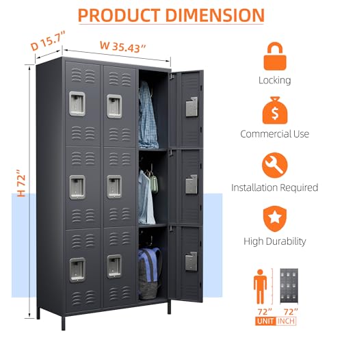 SUXXAN 72" Tall Metal Storage Lockers with 9 Doors, Hooks, Dark Gray