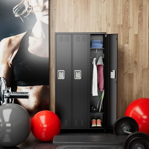 METAN Metal Locker with 3 Doors and 2 Shelves, Black - Industrial Storage Cabinet
