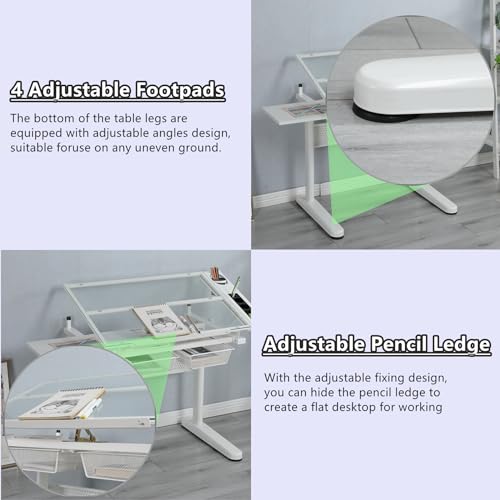 Gynsseh Glass Drafting Table with Stool, Height Adjustable, Tilting Tabletop - S2-White