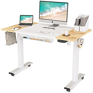 FEZIBO Height Adjustable Electric Standing Desk, 48 x 24 Inch Stand Up Table, Sit Stand Desk with Splice Board, White Frame/Light Rustic and White Top