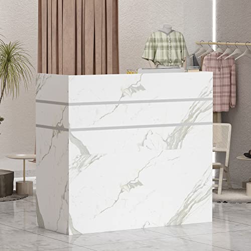 AGOTENI Reception Desk with Open Shelf & Drawers, Lockable Drawer, Marble White