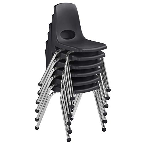 FDP 16" School Stack Chair, Stacking Student Seat with Chromed Steel Legs and Ball Glides; for in-Home Learning or Classroom - Black (6-Pack), 10367-BK