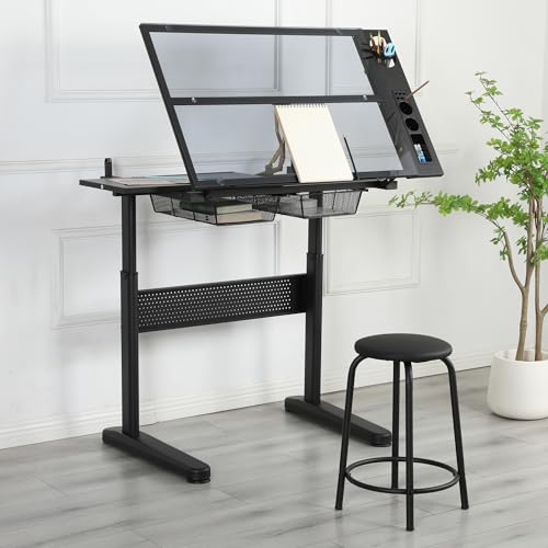 Royard Oaktree Drafting Table with Tilting Glass Tabletop, Height and Angle Adjustable - Black