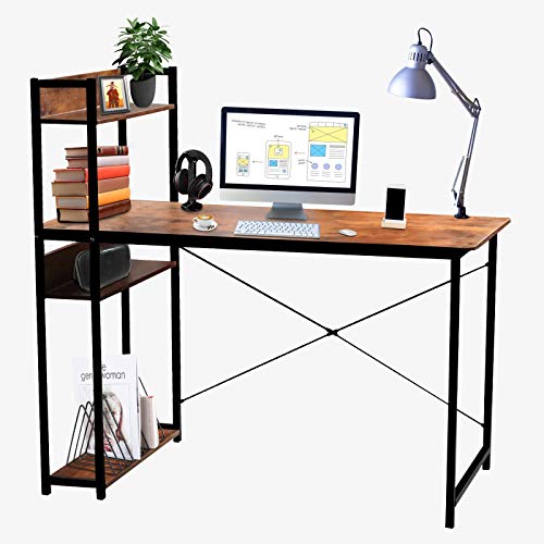 Levoni Computer Home Office Desk 47 inch Writing Study Table with Storage Shelves Study Writing Table with Bookshelves Brown