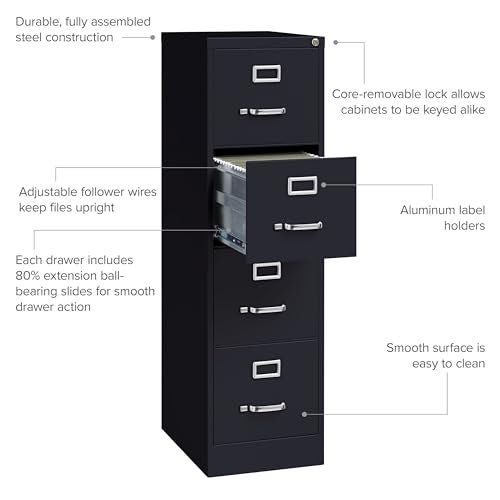 Hirsh Industries 4 Drawer Letter Size Commercial File - Black, Fully Assembled