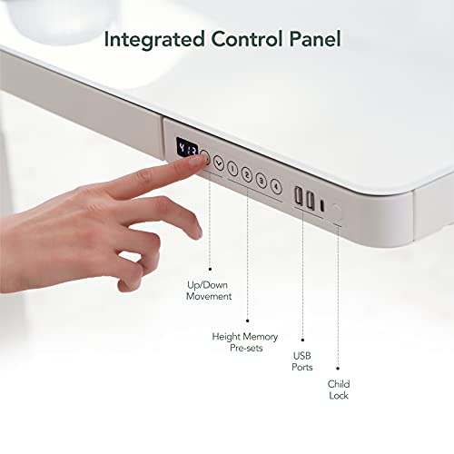 Flexispot Electric Height Adjustable Standing Desk with Drawer 48 x 24 Inch Tempered Glass White Desktop & Frame Home Office Computer Workstation (2.4A USB Charge Ports, Memory Controller, Child Lock)