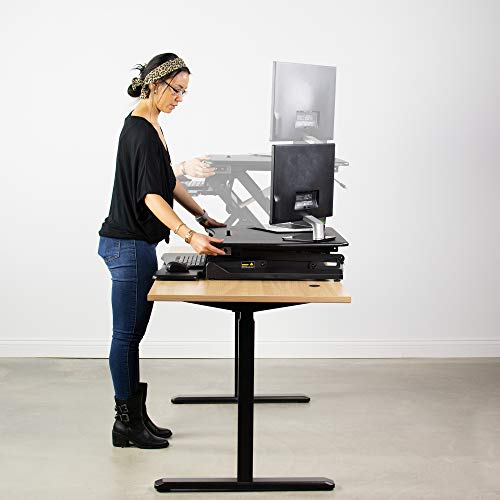 VIVO Black Electric Height Adjustable 36 inch Standing Desk Converter, Sit Stand Tabletop Dual Monitor and Laptop Riser Workstation, DESK-V000EB