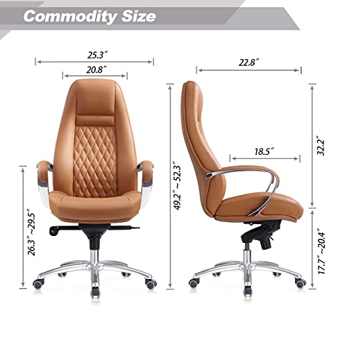 FURIJING Genuine Leather High Back Office Chair with Aluminum Swivel Base - Brown