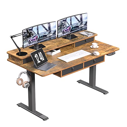 ExaDesk Electric Standing Desk 55 * 30 Inches with Drawers and Shelves - Rustic Brown
