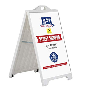 M&T Displays Street SignPro Board, 24x36 Inch Poster White Weatherproof Sandwich Board A-Frame Sidewalk Curb Sign Holder Folding Portable Double Sided Advertising Display for Restaurant Cafe (5 Pack)
