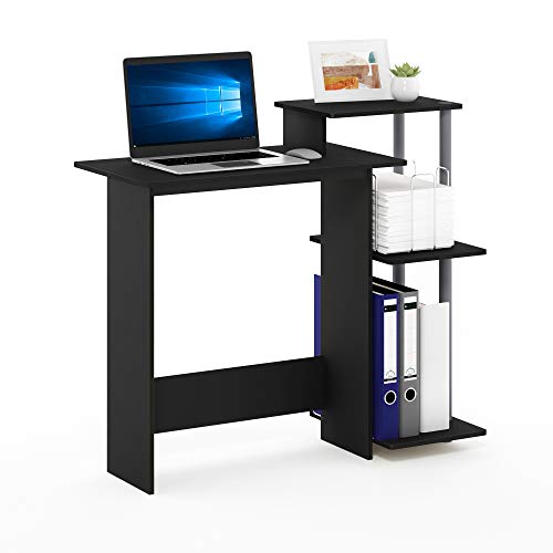 FURINNO Efficient Home Laptop Notebook Computer Desk, Square Side Shelves, Black/Grey