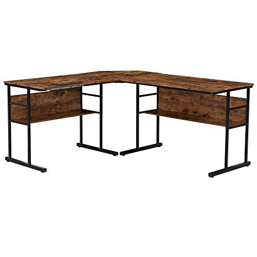 UNI FAM Home Office L-Shaped Desk with Bottom Bookshelves and CPU Stand, Multi-Function Drafting Drawing Table with Tiltable Desktop for Artist or Student/67 inch（Brown）