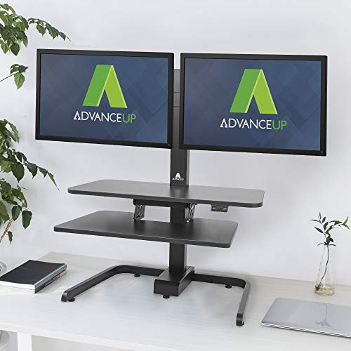 AdvanceUp Electric Ergonomic Standing Desk Converter Riser, 2 Tier with Dual Swivel Monitor Mount Black, Motorized Height Adjustable Stand Up Computer Station, 33lbs Capacity