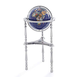 KALIFANO Large Gemstone Globe with Vibrant Polished Lapis Ocean and Mosaic Gem Continents on 37" Ambassador Antique Silver 3 Leg High Stand - World Globe with Floor Stand Office Decor