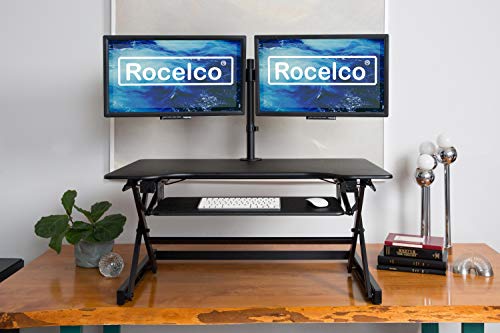 Rocelco 40" Large Height Adjustable Standing Desk Converter with Dual Monitor Mount Bundle - Quick Sit Stand Up Computer Workstation Riser - Retractable Keyboard Tray - Black (R DADRB-40-DM2)