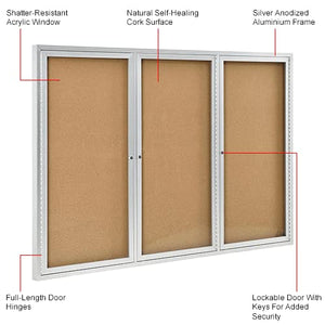 3 Door Enclosed Bulletin Board, Cork, Aluminum Frame. 72" x 48"