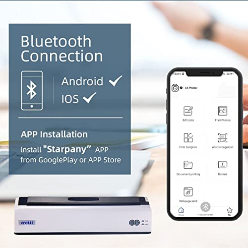 vretti A4 Wireless Bluetooth USB Portable Printer Compatible with Android and iOS Phone Support 8.5×11 Inches Thermal Paper for Outdoors Home Office Travel Students and Cars Printing