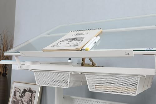 Partslety Adjustable Drafting Table with Stool and 2 Metal Drawers