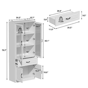 Hitow Tall Bookshelf with Glass Doors & Drawers, Large Storage Cabinet - White (63" W x 15.7" D x 78.9" H)