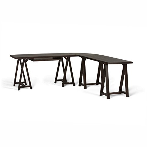 Simpli Home 3AXCSAW-10-BR Sawhorse Solid Wood Modern Industrial 84 inch Wide L-Shape Corner Desk in Dark Chestnut Brown