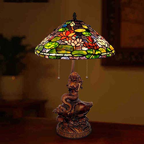 Yd&h Tiffany Style Desk Light, 17-inch Stained Glass Table Lamp with Water Lily Mermaid Base, Living Room Cafe Bedroom Bedside Light, E27, W60