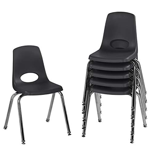 FDP 16" School Stack Chair, Stacking Student Seat with Chromed Steel Legs and Nylon Swivel Glides; for in-Home Learning or Classroom - Black (6-Pack), 10368-BK