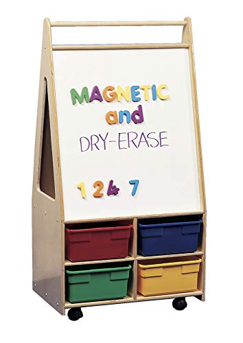 Childcraft 298694 Mobile Magnetic Dry-Erase Easel, Double-Sided, 24-3/4" x 16" x 46", Natural Wood Tone/White