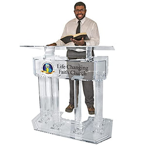 Kingdom Acrylic Lectern Podium with 6 Column Base and Wide Middle Shelf - Clear