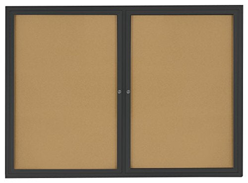 Displays2go 4 x 3 Inches Indoor Bulletin Board with 2 Locking Swing-Open Doors, 48 x 36 Inches Cork Board with Wall-Mounting Bracket, Black Aluminum Frame with Natural Cork Backing (BBSWNG43BK)