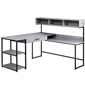 Monarch Specialties Workstation for Home & Office with Multiple Shelves and Drawer L-Shaped Corner Desk with Hutch, 60" L, Grey/Black Frame