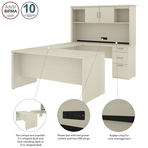 Bestar Logan U-Shaped Desk with Hutch, Lateral File Cabinet, Bookcase - 66W, White Chocolate