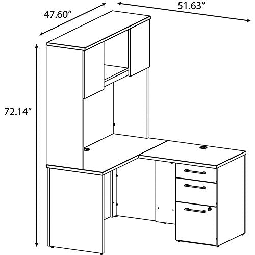 Bush Business Furniture 300 Series 48W x 22D Shell Desk in L-Configuration with 3 Drawer Pedestal and 48W Hutch Storage with Doors