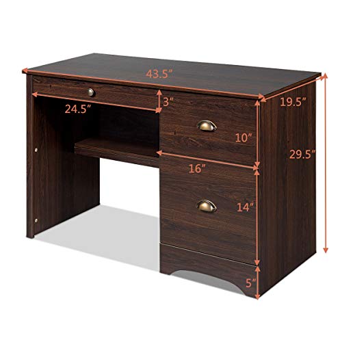 Tangkula Computer Desk, Wood Frame Home Office Desk with Storage Drawer and Shelf, Computer Workstation with Spacious Desktop, Ideal for Bedroom, Living Room, Office (Walnut)