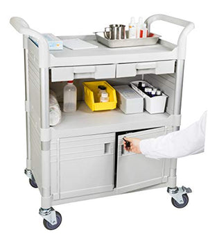 JaboEquip Heavy Duty Lockable Hospital Cart, 3 Shelf Utility Cart 606 lbs, L34.43xD19.69xH40.55 inch, Off-White Color