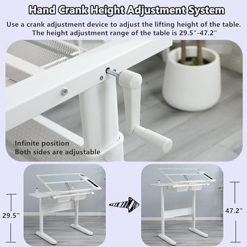 Gynsseh Glass Drafting Table with Stool, Height Adjustable, Tilting Tabletop - S2-White