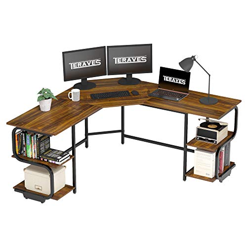 Teraves Reversible L Shaped Desk with Shelves Round Corner Computer Desk Gaming Table Workstation for Home Office