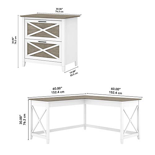 Bush Furniture Key West L Shaped Desk with 2 Drawer Lateral File Cabinet, 60W, Pure White and Shiplap Gray