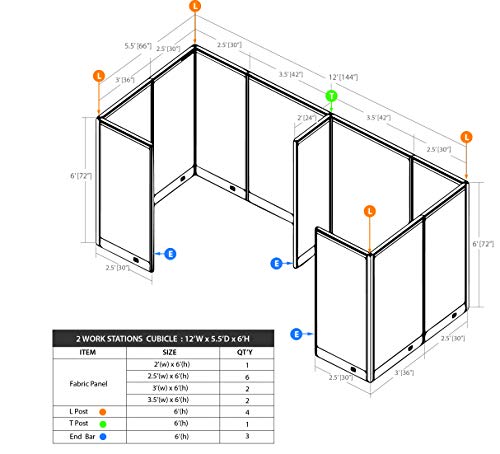 G GOF Office Partition Room Divider 2 Person Separate Workstation Cubicle (5.5'D x 12'W x 4'H), Grey