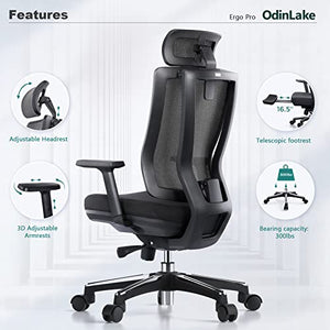 Odinlake Ergonomic Mesh High Back Office Chair with Adjustable Seat Depth, Lumbar Support, Footrest, Headrest, PU Wheels - Ergo Pro 633