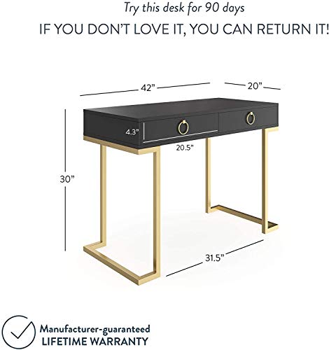 Nathan James Leighton Two-Drawer Writing Glam Accents Brass, Home Office Computer Desk or Vanity Table, 2, Black/Gold